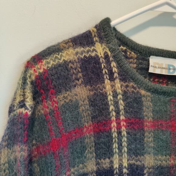 Vintage Paul Harris Designs Sz L Mohair Blend Green Plaid Oversized Sweater - Picture 2 of 6